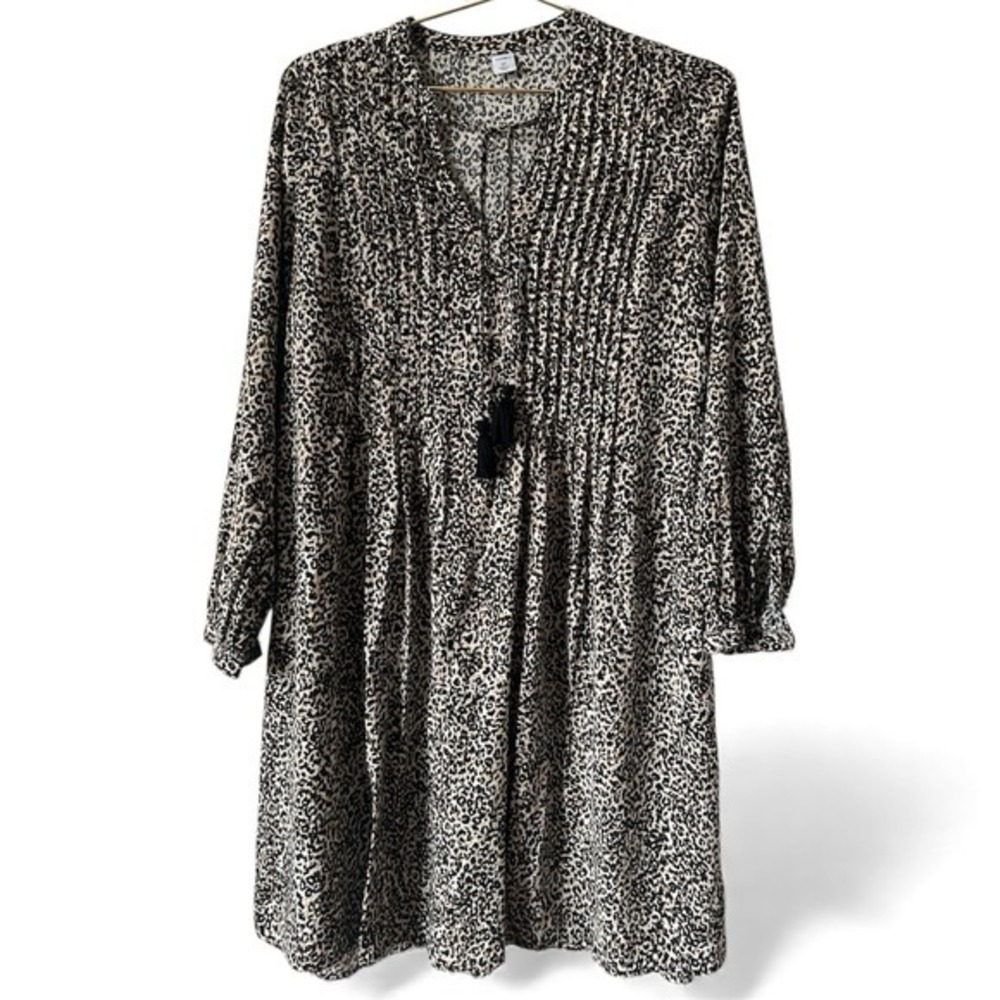 Black Boho Tassel Pleated Swing Flare Animal Print Dress Women's Size XS Casual